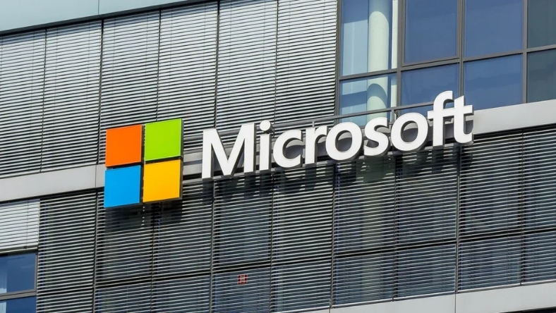Microsoft company signage on modern office building exterior