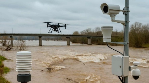 Drone flying over a flooded river with monitoring cameras and weather sensors on a pole in the foreground